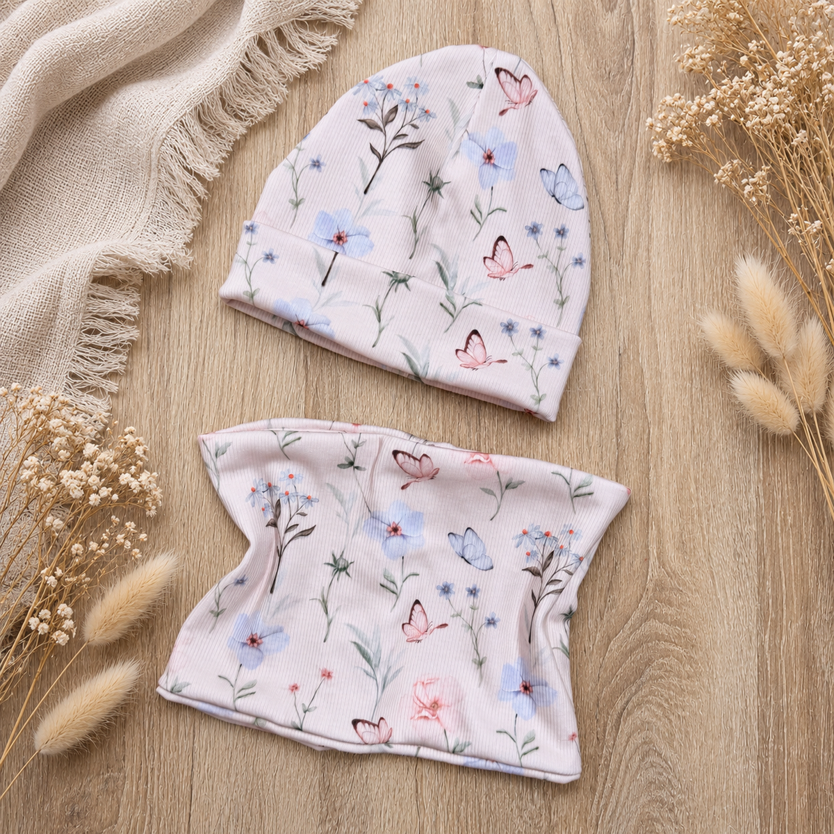 Rib Beanie & Loop Set - Natural Flower